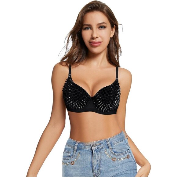 Women's Steampunk B Cup Spike Stud Rivet Party Club Rave Sport Imported Bra Top - Picture 2 of 6